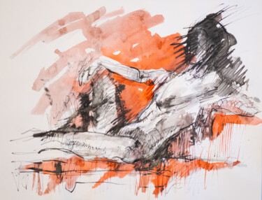 Рисунок под названием "Man on couch, red w…" - Mihail Ivanov, Подлинное произведение искусства, Чернила