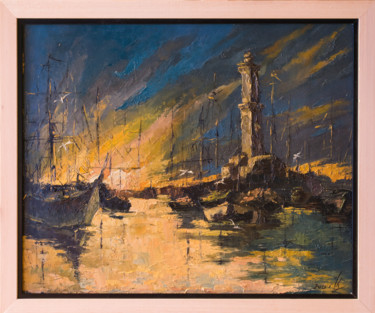 Painting titled "Genova Porto Antico" by Mihail Ivanov, Original Artwork, Oil