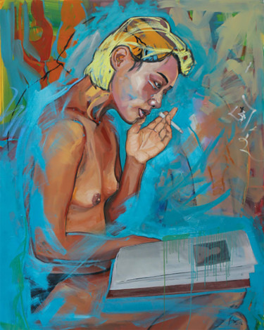 Painting titled "Cigarette and the B…" by Kos Cos, Original Artwork, Oil Mounted on Wood Stretcher frame