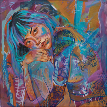 Painting titled "Girl with Unfinishe…" by Kos Cos, Original Artwork, Oil Mounted on Wood Stretcher frame