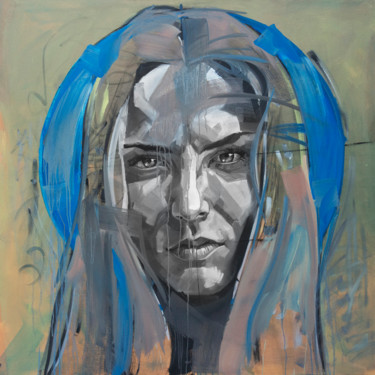 Schilderij getiteld "Krystal Blue" door Kos Cos, Origineel Kunstwerk, Acryl Gemonteerd op Frame voor houten brancard