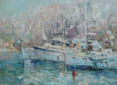 Картина под названием "Белые яхты.Черногор…" - Роман Кошелев, Подлинное произведение искусства, Масло