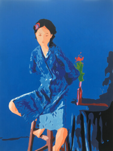 Painting titled "Portrait in Blue" by Kosta Morr, Original Artwork, Acrylic Mounted on Wood Stretcher frame