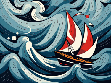 Картина под названием "A yacht in a storm" - Kosta Morr, Подлинное произведение искусства, Акрил Установлен на Деревянная ра…