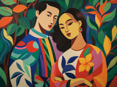 Schilderij getiteld "Couple" door Kosta Morr, Origineel Kunstwerk, Acryl Gemonteerd op Frame voor houten brancard