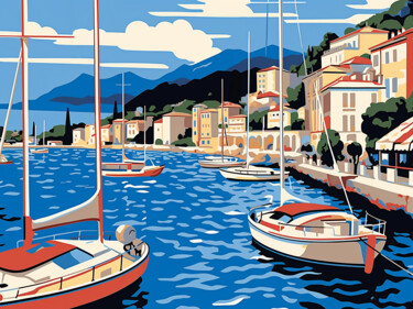 Painting titled "Yachts in the bay" by Kosta Morr, Original Artwork, Acrylic Mounted on Wood Stretcher frame