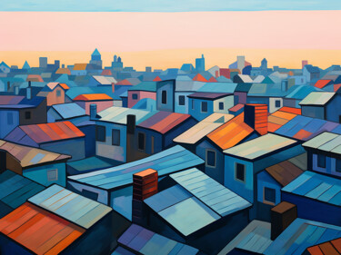 Painting titled "Roofs" by Kosta Morr, Original Artwork, Acrylic Mounted on Wood Stretcher frame