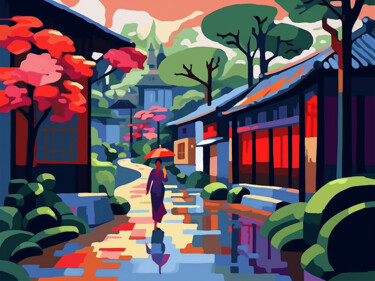 Картина под названием "Japanese cityscape" - Kosta Morr, Подлинное произведение искусства, Акрил Установлен на Деревянная ра…