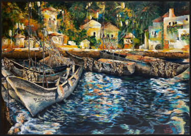 Painting titled "Fishing village in…" by Kostadin Hristov, Original Artwork, Oil