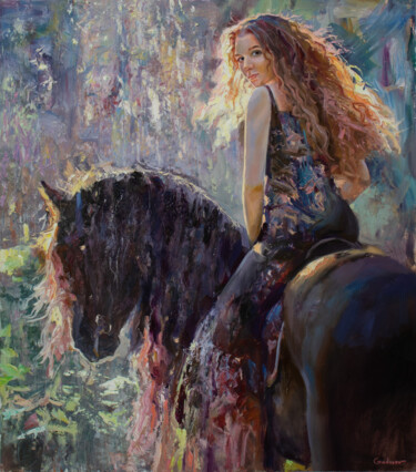 Картина под названием "On horseback" - Kostiantyn Hudaiev, Подлинное произведение искусства, Масло
