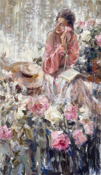 Painting titled "Girl with a book" by Kostiantyn Hudaiev, Original Artwork, Oil