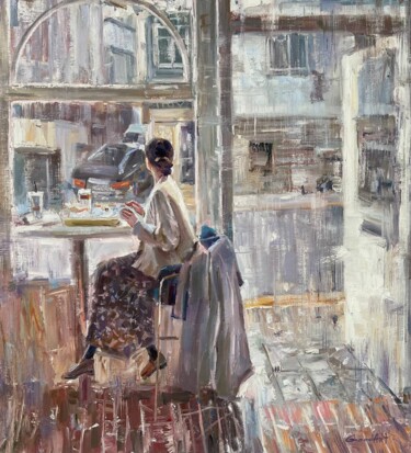 Painting titled "Девушка возле окна" by Kostiantyn Hudaiev, Original Artwork, Oil