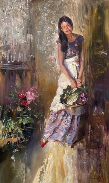 Painting titled "Девушка с корзиной" by Kostiantyn Hudaiev, Original Artwork, Oil