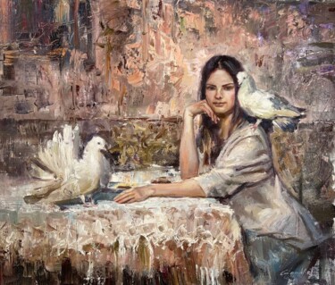 Malerei mit dem Titel "Девушка с голубьями" von Kostiantyn Hudaiev, Original-Kunstwerk, Öl