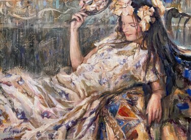 Painting titled "Девушка с венком" by Kostiantyn Hudaiev, Original Artwork, Oil