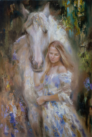 Schilderij getiteld "Девушка с белым кон…" door Kostiantyn Hudaiev, Origineel Kunstwerk, Olie