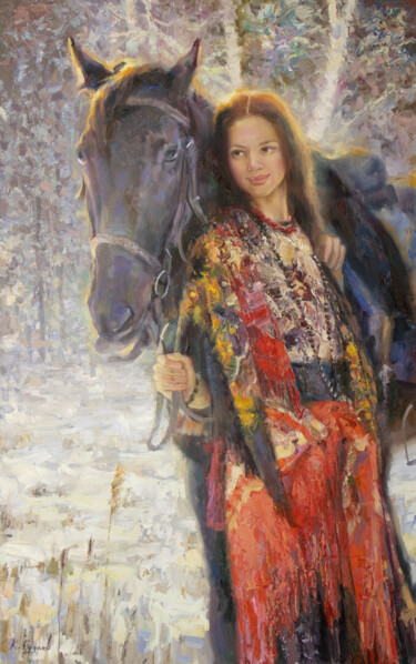 Malerei mit dem Titel "Девушка в красном п…" von Kostiantyn Hudaiev, Original-Kunstwerk, Öl