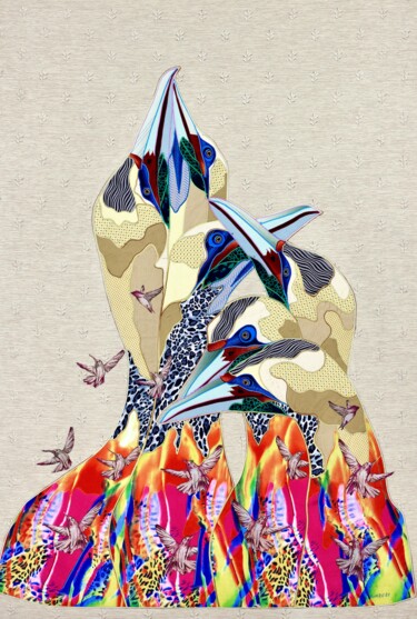 Textile Art με τίτλο "A flock of seagulls" από Kostyantin Malginov, Αυθεντικά έργα τέχνης, Ταπισερί Τοποθετήθηκε στο Ξύλινο…