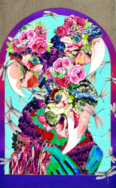 Textielkunst getiteld "In paradise" door Kostyantin Malginov, Origineel Kunstwerk, Tapijtwerk Gemonteerd op Houten paneel