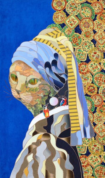 Arte textil titulada "Cat with earring" por Kostyantin Malginov, Obra de arte original, Hilorama Montado en Panel de madera