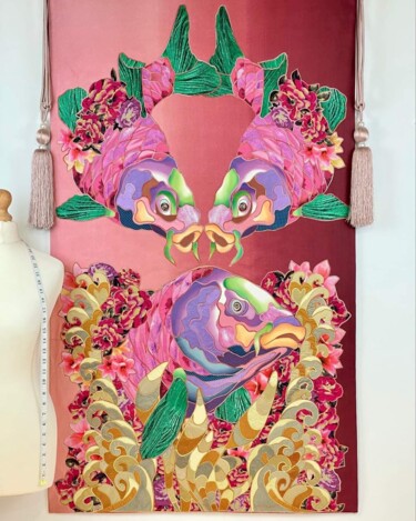 Textilkunst mit dem Titel "Pink carp" von Kostyantin Malginov, Original-Kunstwerk, Schnur Kunst