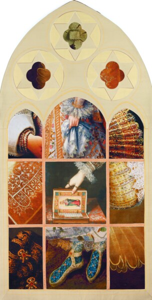 Textilkunst mit dem Titel "Window" von Kostyantin Malginov, Original-Kunstwerk, Tapisserie Auf Keilrahmen aus Holz montiert