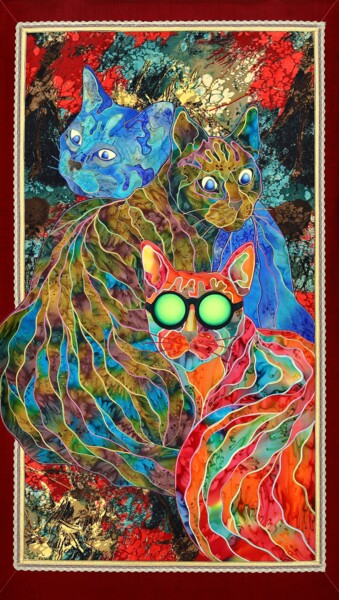 Textile Art titled "Cats" by Kostyantin Malginov, Original Artwork, Tapestry Mounted on Wood Panel