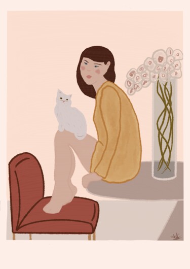 Digitale Kunst mit dem Titel "La femme au chat" von Kot, Original-Kunstwerk, Digitale Malerei