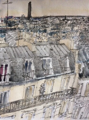 Peinture intitulée "Vue toits Paris 750…" par Kote Mensah, Œuvre d'art originale, Aquarelle