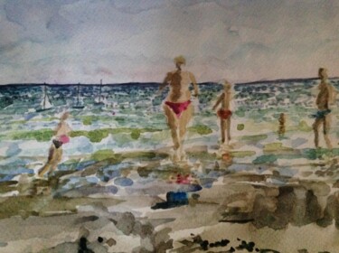 Painting titled "Jeux sur la plage" by Kote Mensah, Original Artwork, Watercolor