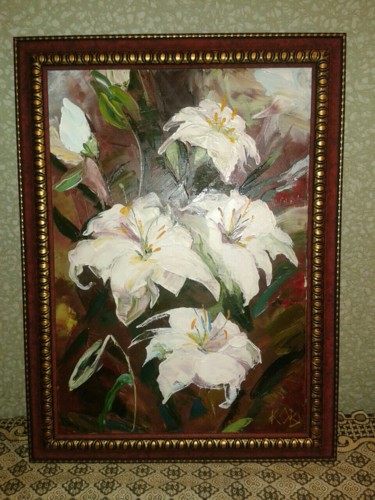 Painting titled ""Лилии"" by Olga Kotenkova, Original Artwork, Oil Mounted on Wood Stretcher frame