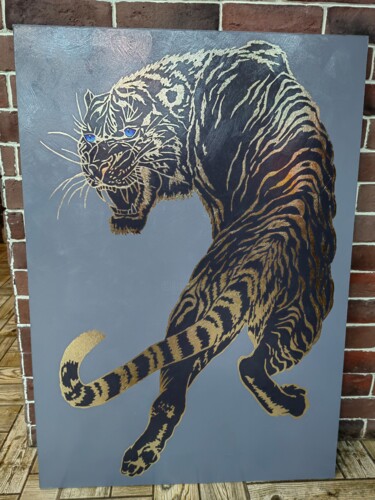 Painting titled "Золотой тигр" by Olga Kotenkova, Original Artwork, Acrylic Mounted on Other rigid panel