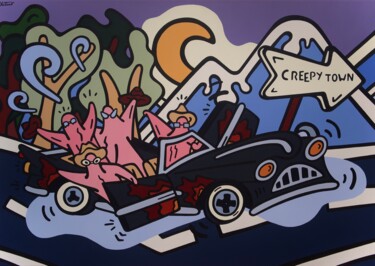 Malarstwo zatytułowany „HighWay to CreepyTo…” autorstwa Kotsuno, Oryginalna praca, Akryl Zamontowany na Drewniana rama noszy