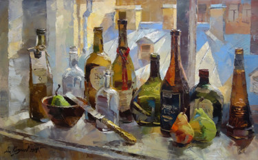 Painting titled "Бутылки на окне" by Dmitrii Kotunov, Original Artwork, Oil Mounted on Wood Stretcher frame
