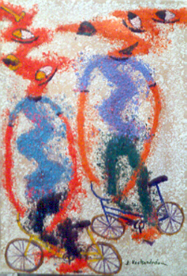 Painting titled "cyclistes.jpg" by Koutsandréou Georges, Original Artwork, Acrylic