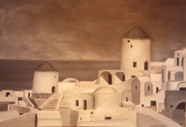 Painting titled "Santorini in winter" by Maria Koutsoumpou, Original Artwork, Oil
