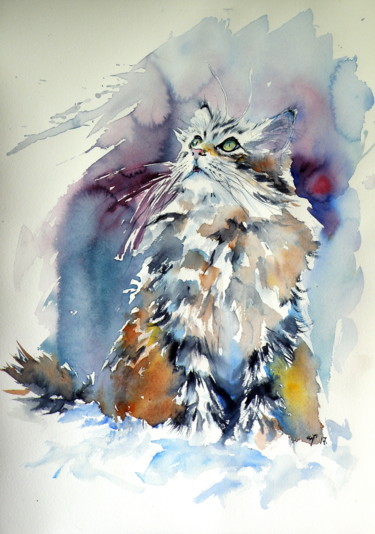 Painting titled "Cat on the snow" by Anna Brigitta Kovacs (KAB), Original Artwork, Watercolor