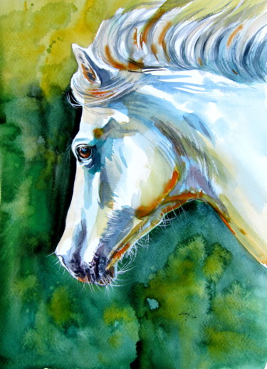 Painting titled "White horse" by Anna Brigitta Kovacs (KAB), Original Artwork, Watercolor