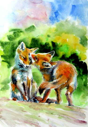 Painting titled "Fox cubs" by Anna Brigitta Kovacs (KAB), Original Artwork, Watercolor