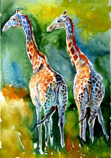 Pittura intitolato "Giraffes on the fie…" da Anna Brigitta Kovacs (KAB), Opera d'arte originale, Acquarello