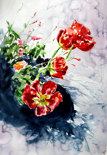 Malerei mit dem Titel "Red poppies in gard…" von Anna Brigitta Kovacs (KAB), Original-Kunstwerk, Aquarell