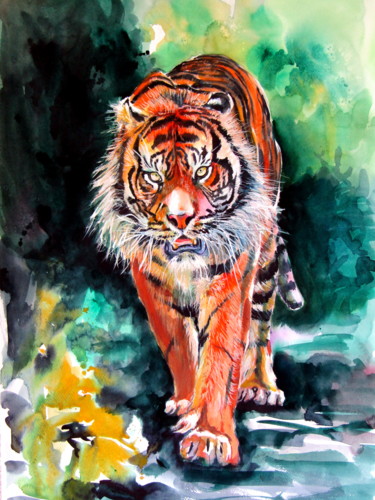 Painting titled "Tiger in forest" by Anna Brigitta Kovacs (KAB), Original Artwork, Watercolor