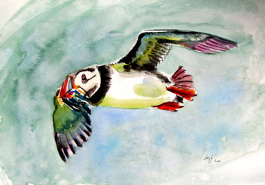 Ζωγραφική με τίτλο "Flying puffin" από Anna Brigitta Kovacs (KAB), Αυθεντικά έργα τέχνης, Ακουαρέλα