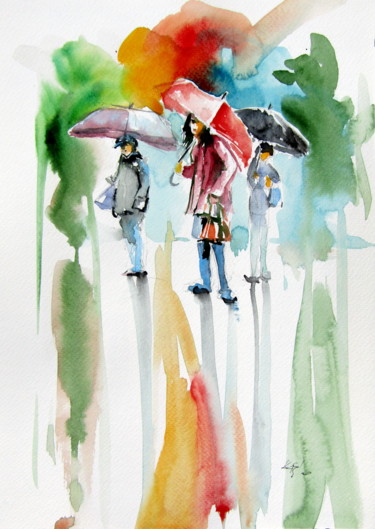 Pintura intitulada "People with umbrella" por Anna Brigitta Kovacs (KAB), Obras de arte originais, Aquarela