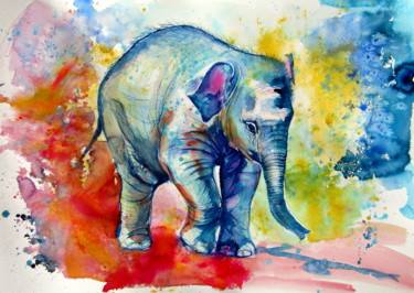 Peinture intitulée "Elephant baby alone" par Anna Brigitta Kovacs (KAB), Œuvre d'art originale, Aquarelle