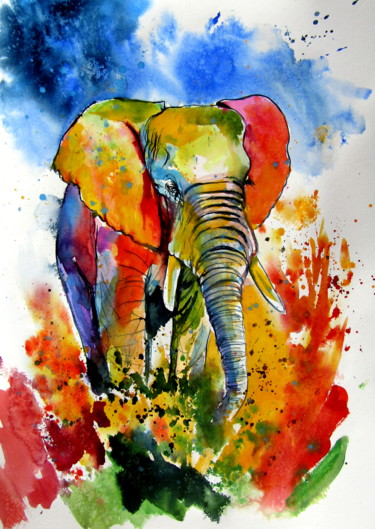 Painting titled "Colorful elephant o…" by Anna Brigitta Kovacs (KAB), Original Artwork, Watercolor