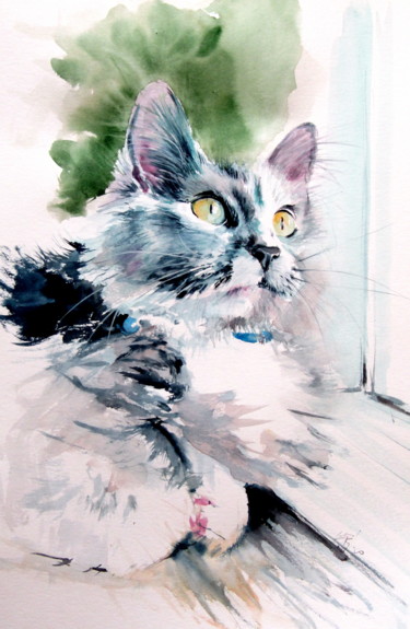 Картина под названием "Cat in the front of…" - Anna Brigitta Kovacs (KAB), Подлинное произведение искусства, Акварель