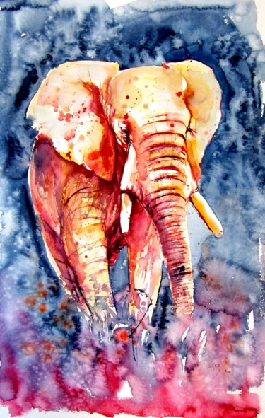 Painting titled "Majestic elephant a…" by Anna Brigitta Kovacs (KAB), Original Artwork, Watercolor