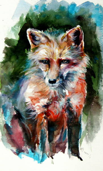 제목이 "Red fox alone"인 미술작품 Anna Brigitta Kovacs (KAB)로, 원작, 수채화