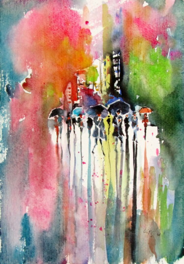 Pittura intitolato "Rainy streets" da Anna Brigitta Kovacs (KAB), Opera d'arte originale, Acquarello